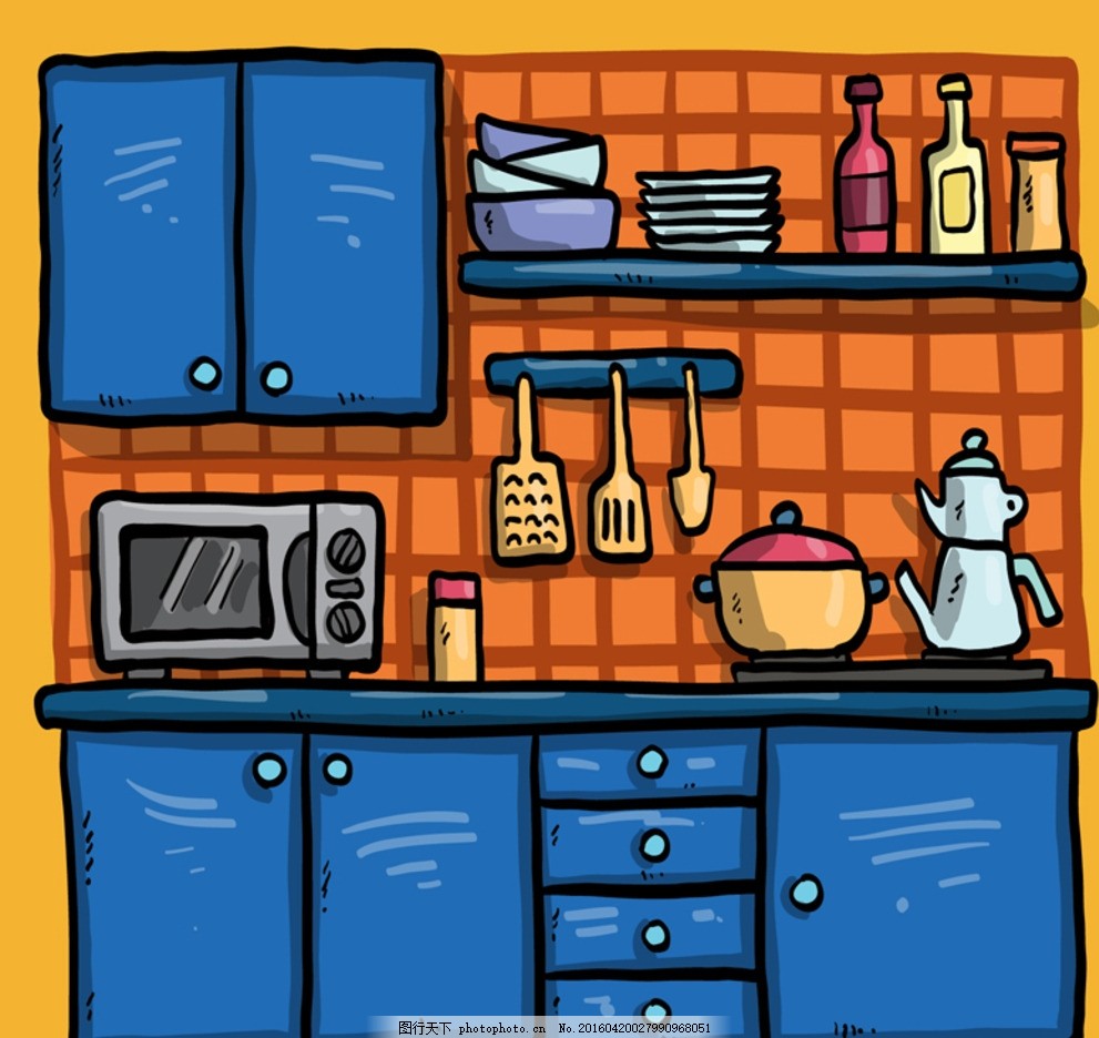 卡通蓝色厨房的时尚穿搭灵感